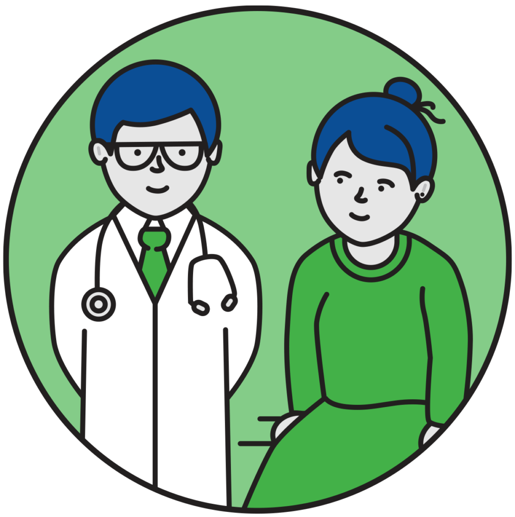 Ícono de un médico y un paciente en una visita de seguimiento